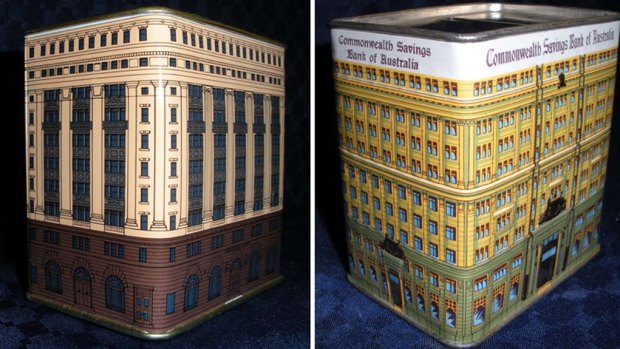 Money boxes ... the tin, right, was modelled on Commonwealth Bank's then head office in  Pitt Street. The tin, left, was a model of the bank's building at 48 Martin Place.