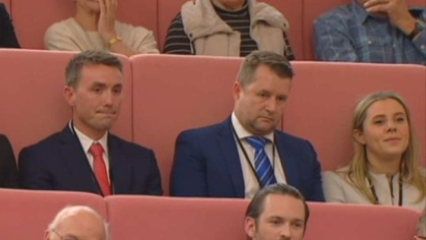 Bill McNee (right) in the federal parliament at Pauline Hanson's maiden speech last year, with One Nation adviser James Ashby (left). 