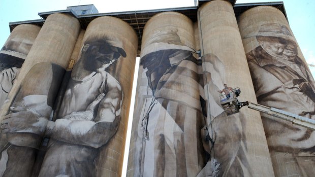 The giant mural on silos in Brim, north-western Victoria.