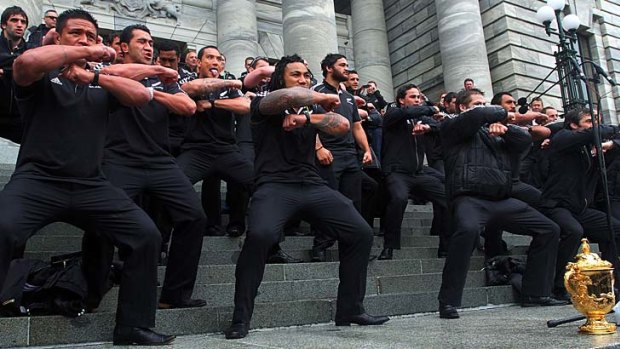 Ritual ... the All Blacks perform a haka on the steps of Parliament this week.