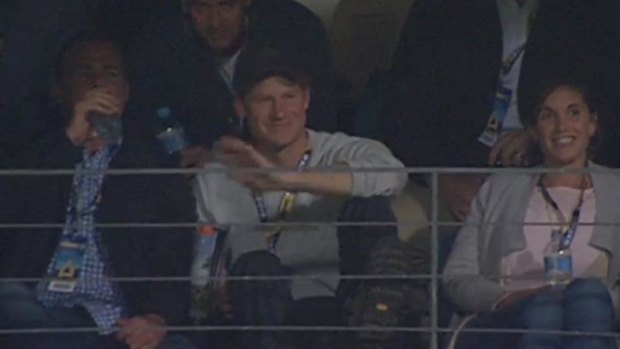 Prince Harry watching the Eagles take on the Giants at Domain Stadium.