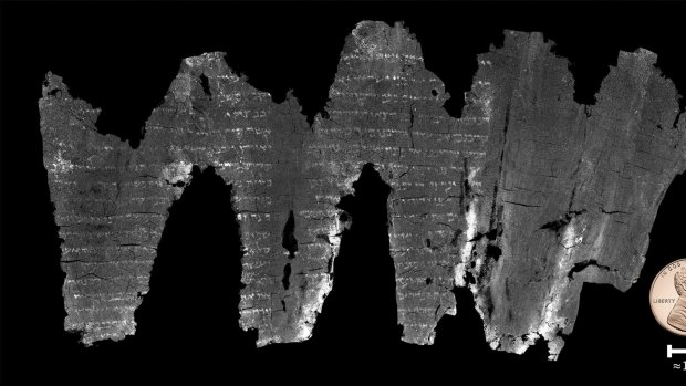 A composite image of the completed virtual unwrapping of the En-Gedi scroll.