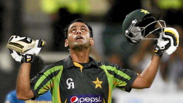 In form: Pakistani batsman Mohammad Hafeez celebrates hitting a century against Sri Lanka in their fourth ODI.