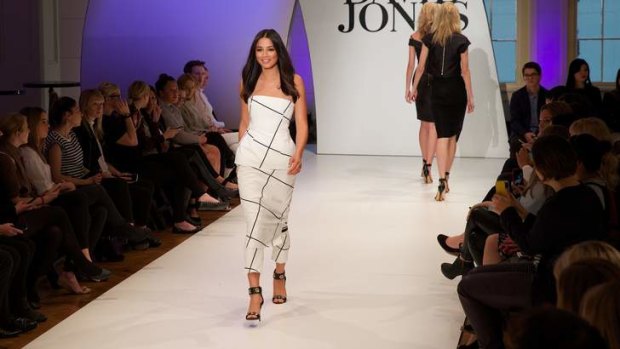 Jessica Gomes wears an outfit by Josh Goot at the David Jones Spring/Summer launch.