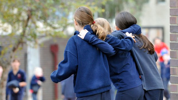 Once more with feeling ... Students at Mount Martha Primary School flout the hugging ban today.