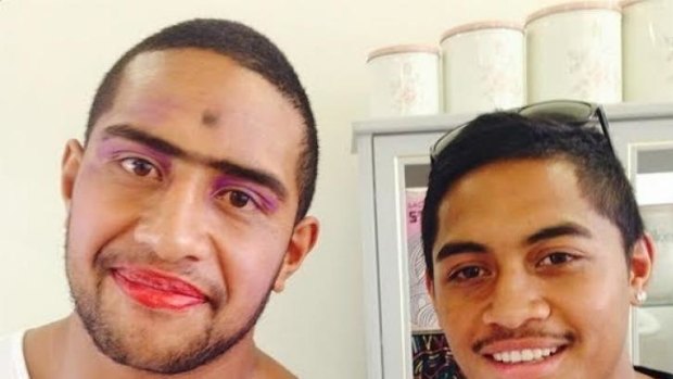 Canberra Raiders player Sami Sauiluma, with teammate Tony Milford, is dolled up to raise money for the Cerebral Palsy Alliance. 
