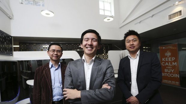 Rebuffed: Bitcoin Group chief executive Sam Lee, flanked by associates Jim Chen (left) and Allan Guo (right).