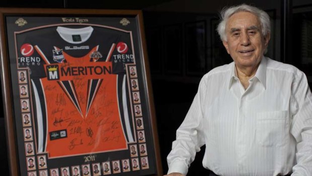 Brand exposure ... Harry Triguboff's company, Meriton, is prominently displayed on the Wests Tigers' best-selling jersey.