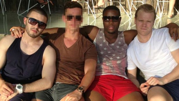 Southern Stars players who have been arrested, Ryan Hervel, left, David Obaze, second from right, and Joe Woolley on holiday in Bali.