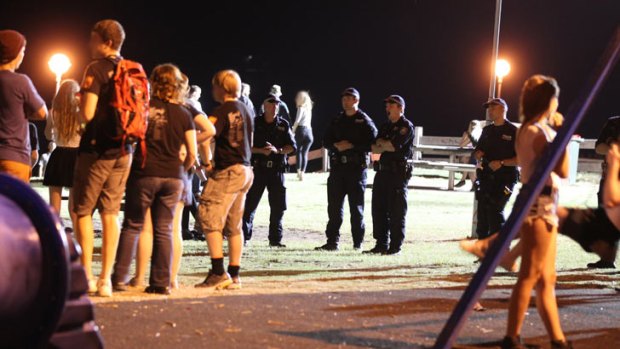Highest chance of being assaulted in NSW ... police on patrol during schoolies in Byron Bay.