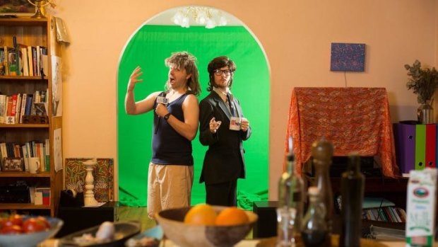 Giordano Nanni (Ken Oathcarn) and Hugo Farrant (Robert Foster) of the satirical YouTube show The Juice Rap News in their Thornbury home studio.