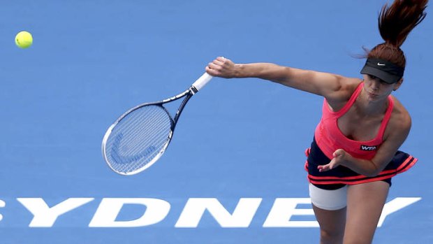 Tsvetana Pironkova of Bulgaria serves in her semi final against Petra Kvitova.