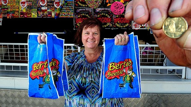 Showbag corner company director Belinda McPherson showing off the iconic Berite Beetle showbag.