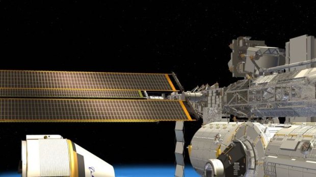 Artist's impression of Boeing crew transport capsule docking with the International Space Station.