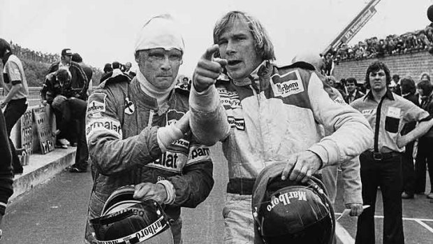 Hunt (right) and Niki Lauda hotley debate a racing incident at the 1978 Belgian Grand Prix.