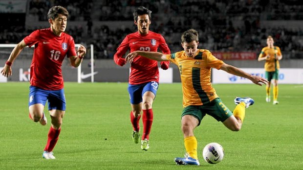Australia's Tommy Oar shapes up to kick against South Korea in Wednesday's friendly.