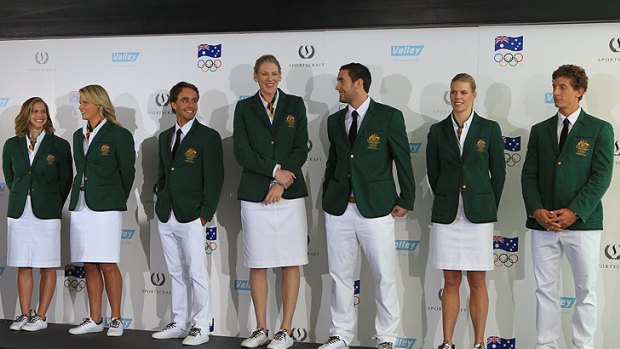 White shoe brigade ... Athletes including Lauren Jackson, centre, model the new Olympics opening ceremony uniforms to be worn by the Australian team in London.