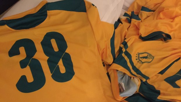 Ready and waiting: The shirt Jarryd Hayne will wear if he takes to the pitch on Thursday night.
