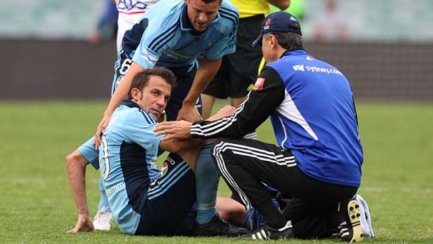 Down and out &#8230; Alessandro Del Piero feels the pain as a concerned Jason Culina looks on in Sydney's FC's scoreless draw with Melbourne Heart at the weekend.