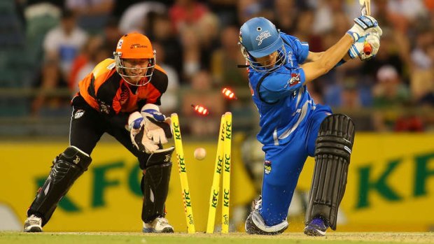 Strikers captain Johan Botha Strikers is bowled by Scorchers spinner Brad Hogg on Thursday night. The match was a ratings hit for Network Ten.