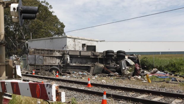 Scene of a collision between a train and a semi-trailer in Dandenong South.