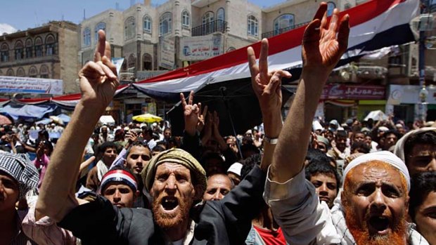 Unrest ... protesters at a rally this week in the Yemeni capital, Sanaa, call for the President, Ali Abdullah Saleh, to be ousted.