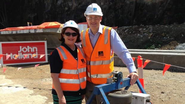 Lord Mayor Graham Quirk and Councillor Vicki Howard inspect the first of 30 concrete girders for the new Riverwalk.