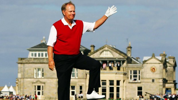Fitting farewell ... the legendary Jack Nicklaus waves goodbye to the fans from the Swilcan Bridge at St Andrews during his last British Open appearance in 2005. Nicklaus won three Opens during his distinguished career.