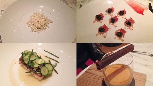 (Clockwise from top left) Blue manna crab with bean sprouts, enoki mushroom and almond. Duck liver parfait with salted plum, cherry and geraldton wax. The famous signature dish: whisky and cigars. Pan-roasted barramundi with pipes and courgette   