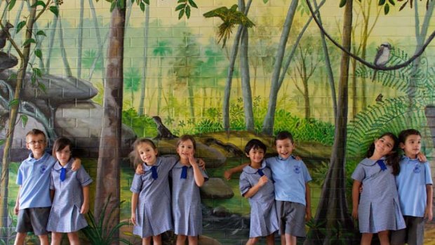 Two of us &#8230; Parklea Public School welcomes five sets of twins this year, including, from left, Brody and Charlize Martyn, Tina and Jana Grkavac, Aleena and Andrew Macfarlane and Alyssa and Michael Makhoul.