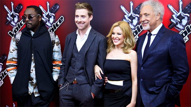 <i>The Voice</i> debuts in the UK with coaches (from left) Will.i.am, Mia Rivadeneira, Kylie and Tom Jones.