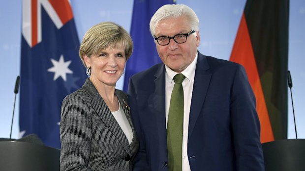 German Foreign Minister Frank-Walter Steinmeier and Julie Bishop shake hands after a joint press conference in Berlin.