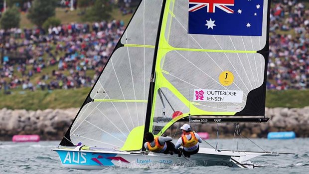 Australia's Nathan Outteridge and Iain Jensen compete in the men's 49er class on day seven.