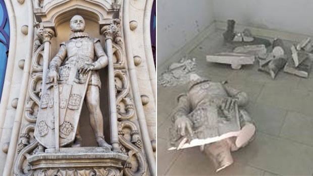 This statue, left, of young Dom Sebastiao, King of Portugal was totally destroyed, right, in May 2016 by someone trying to take a selfie.