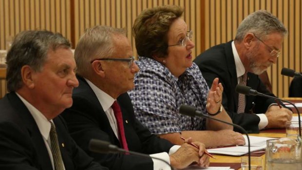 National Commission of Audit chairman Tony Shepherd before the Senate committee on Wednesday with fellow commissioners Robert Fisher (left) Amanda Vanstone and Peter Boxall (right).