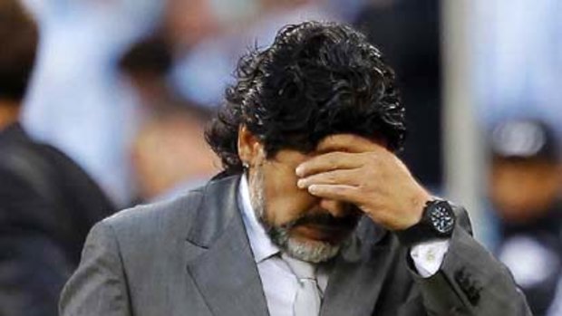 Argentina's coach Diego Maradona reacts during the quarter-final loss to Germany.