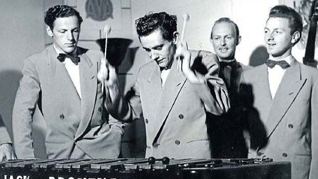 Hit it . . . band mebers stand back as Jack Brokensha gets ready to rip on his vibraphone in 1940s.