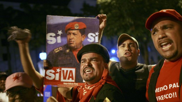 Supporters of Venezuela's President Hugo Chavez celebrate prior to the release of any official results on Sunday's referendumon for a constitutional amendment which could allow Chavez and all other elected officials to run for re-election indefinitely.