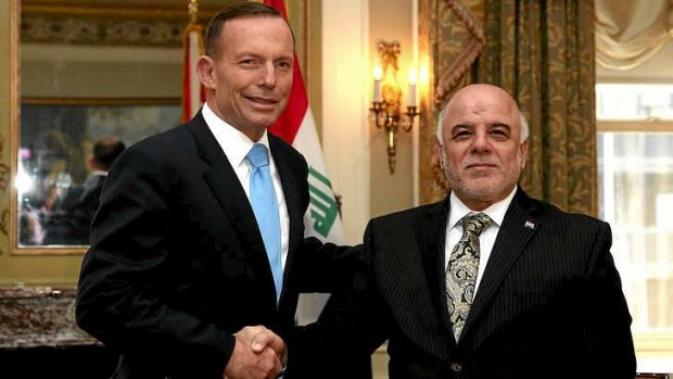 Prime Minister Tony Abbott with the Prime Minister of Iraq, Haider al-Abadi, during a bilateral meeting in New York.