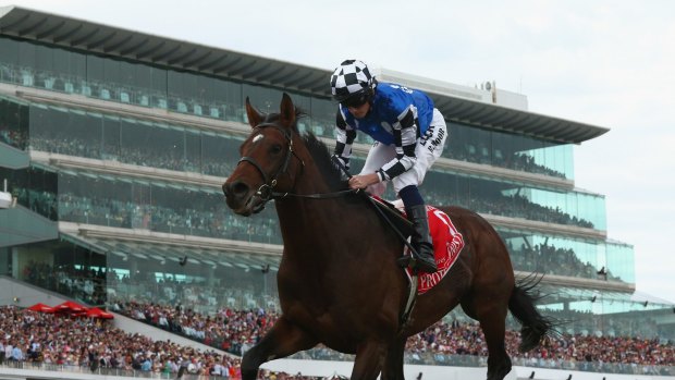 Ryan Moore rides Protectionist to win the 2014 Melbourne Cup.