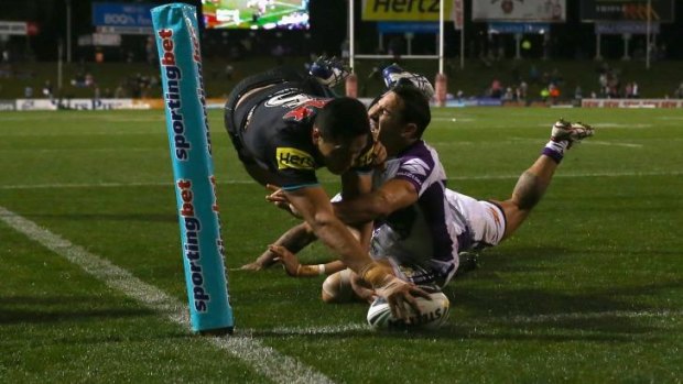 Spectacular: But Dalin Watene-Zelezniak’s acrobatic finish was a rare bright spot for the Panthers. 