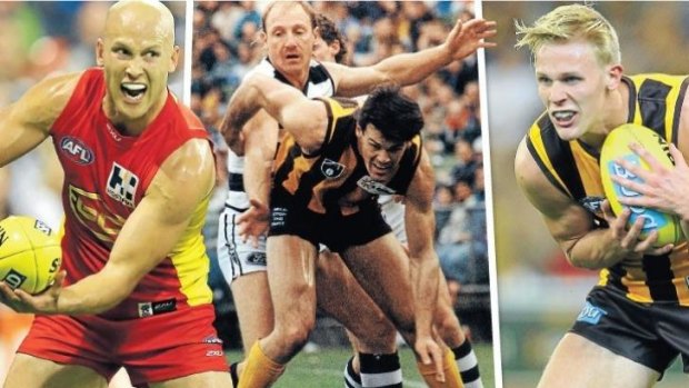 Gold Coast Sun Gary Ablett jnr and Hawthorn’s Will Langford flank their famous fathers, Geelong’s Gary Ablett and Hawk Chris Langford.