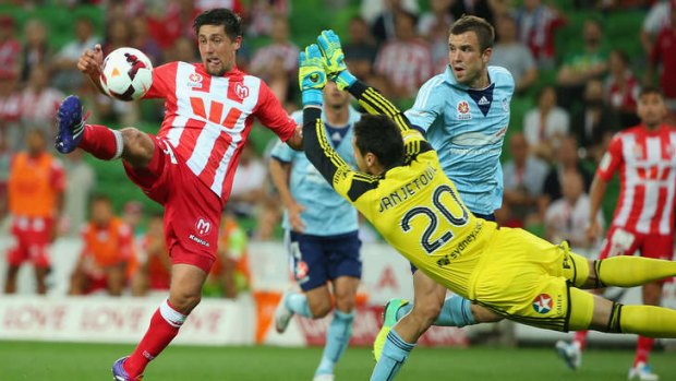 Smooth moves: Jonatan Germano of Melbourne Heart volleys to score a goal.