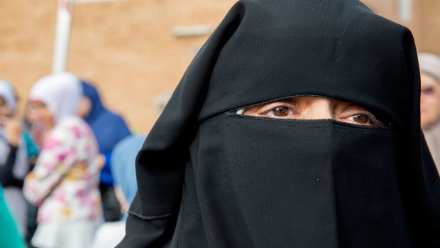 A devout Islamic woman wearing a niqab at Lakemba Mosque in Sydney last year. 