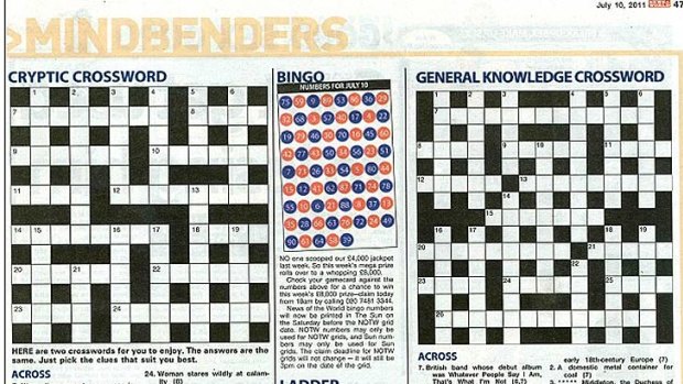 The News of the World's crossword page in its final edition.