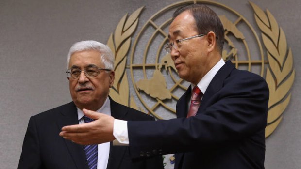 Decision time ... the President of the Palestinian National Authority, Mahmoud Abbas, left, meets the United Nations secretary-general, Ban Ki-moon, in New York before the vote.