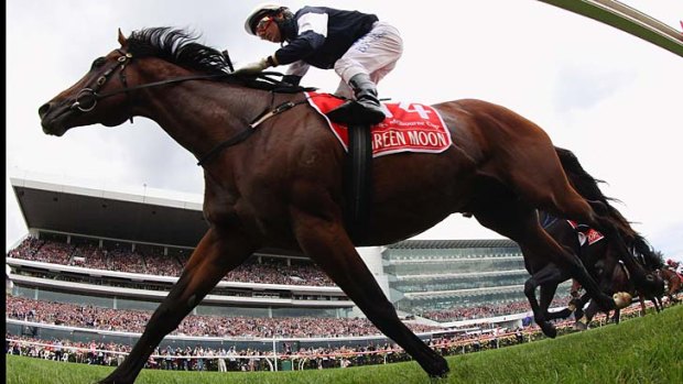 On-pacer Green Moon wins the 2012 Melbourne Cup.