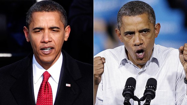 Then and now ... Barack Obama at his inauguration, left, and at a campaign rally this week.