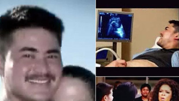 Thomas Beatie pictured with his wife Nancy, left, having an ultrasound, top right, and speaking to Oprah Winfrey, bottom right, in screen grabs taken from a preview of the interview for The Oprah Winfrey Show.