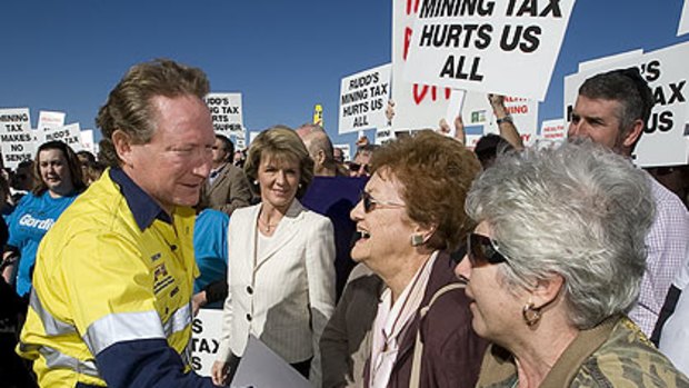 Andrew Forrest meets opponents of the government's mining tax at a rally in Perth.